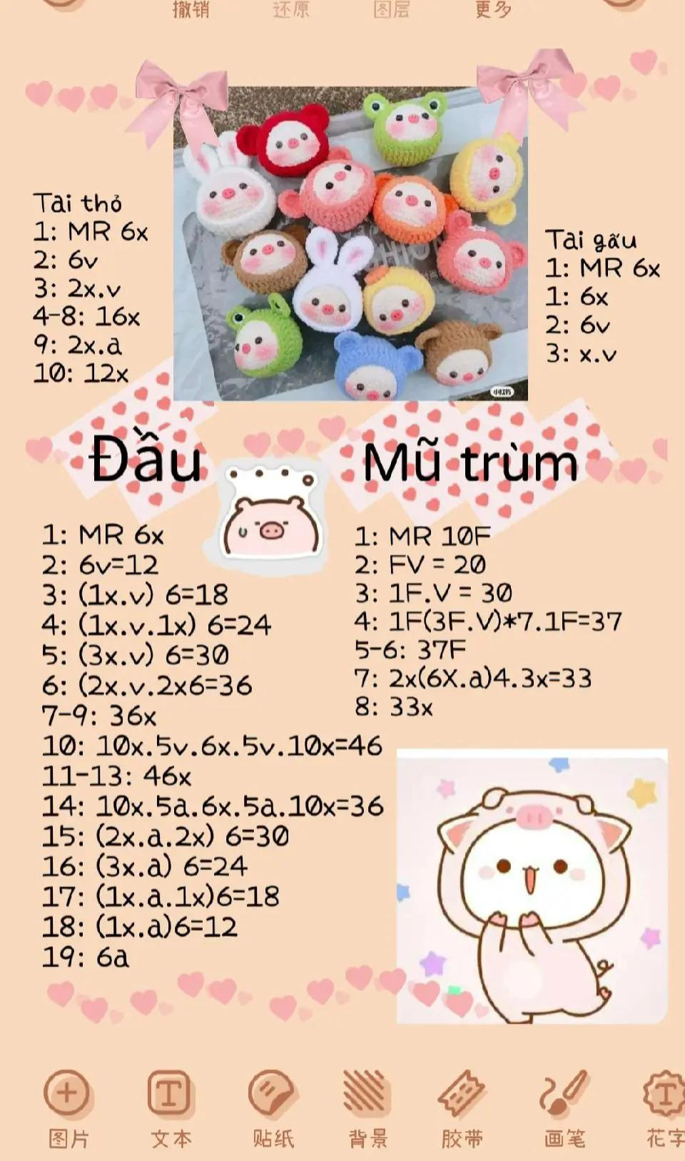 Tổng hợp Chart Móc Len: Búp bê Heo Xinh, Chuột, Thỏ và Phụ kiện