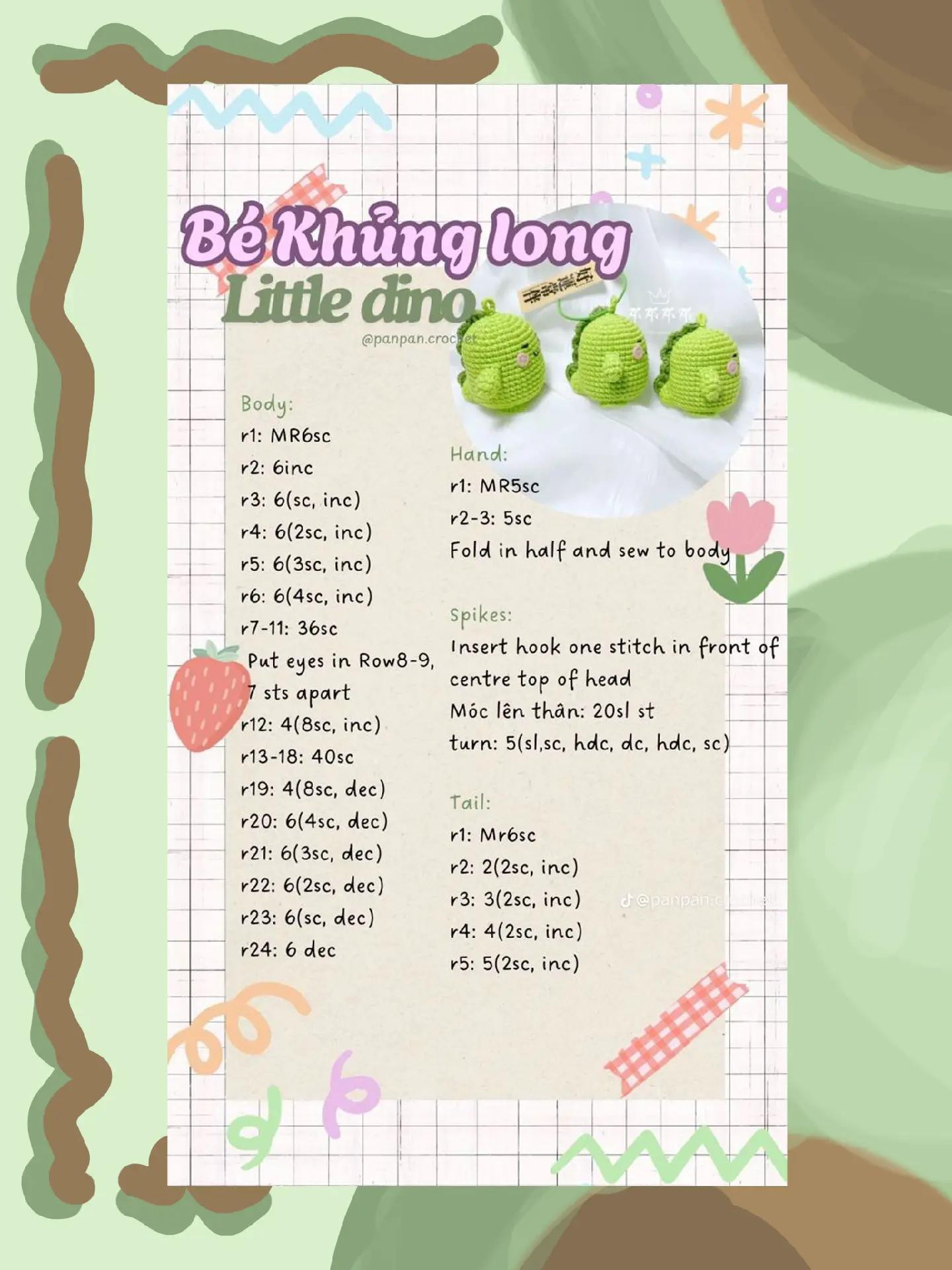 Tổng hợp chart móc len búp bê khủng long, gà con, cừu và ma mèo