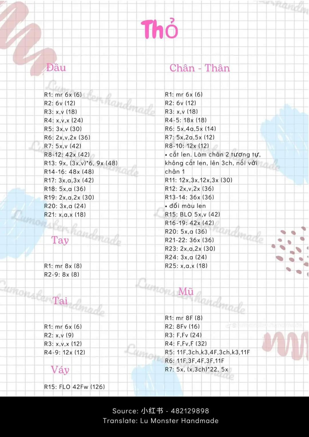 Tổng hợp chart móc len búp bê Thỏ và Vịt dễ thương, hướng dẫn chi tiết từng phần
