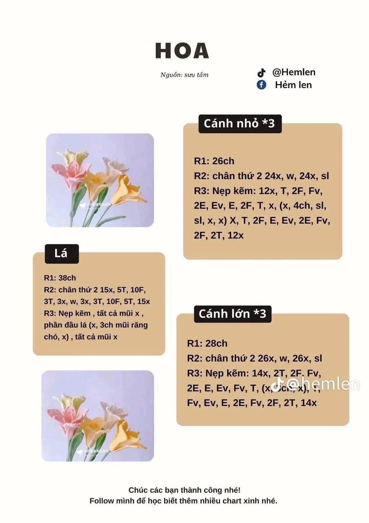 Tổng hợp chart móc len các loại hoa: Anh túc, Oải hương, Lavender, Tiểu Lily