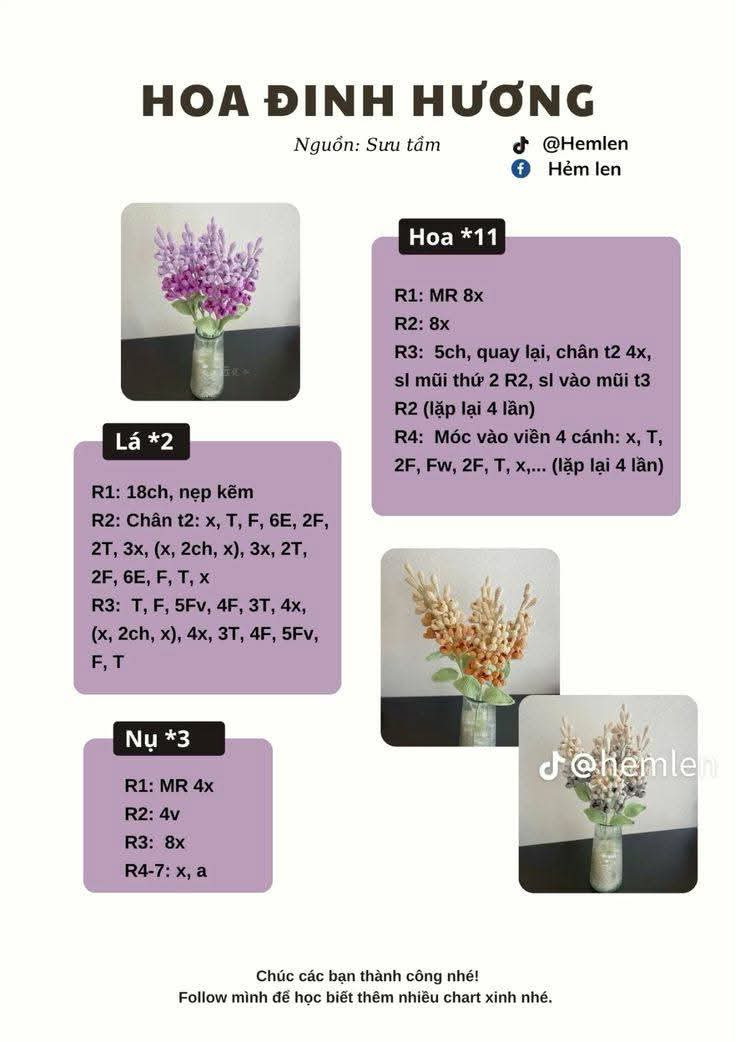 Tổng hợp chart móc len các loại hoa: Anh túc, Oải hương, Lavender, Tiểu Lily