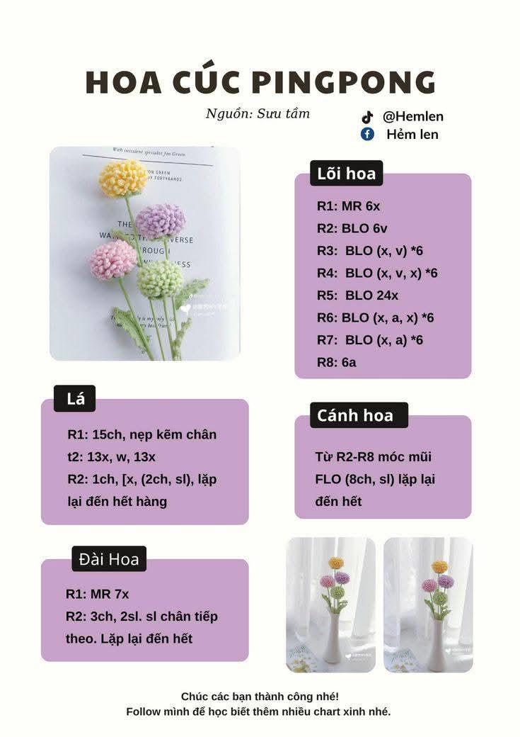 Tổng hợp chart móc len các loại hoa: Anh túc, Oải hương, Lavender, Tiểu Lily