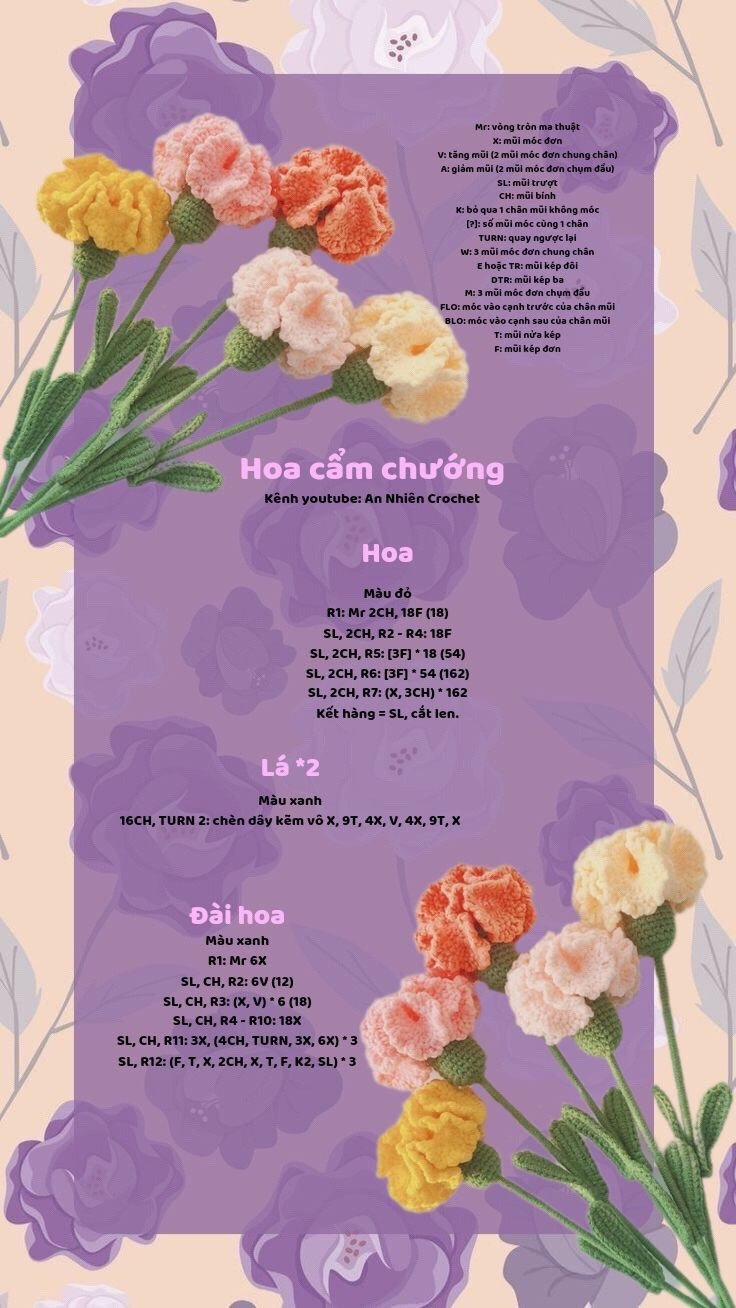 Tổng hợp chart móc len các loại hoa đẹp: Loa kèn Peru, Lan Hỏa Tinh, Cẩm Chướng