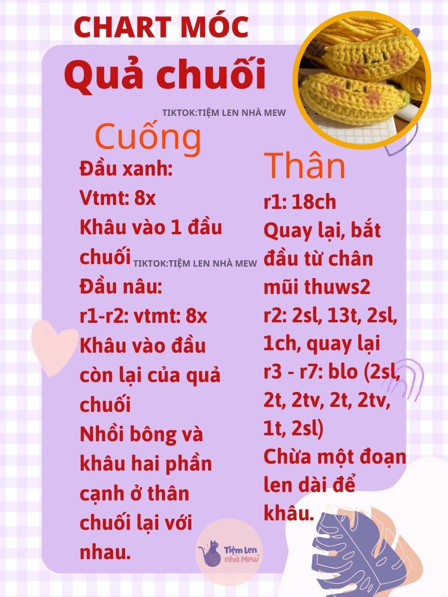 Tổng hợp chart móc len các loại quả dễ thương: Chuối, Lê, Chanh, Táo