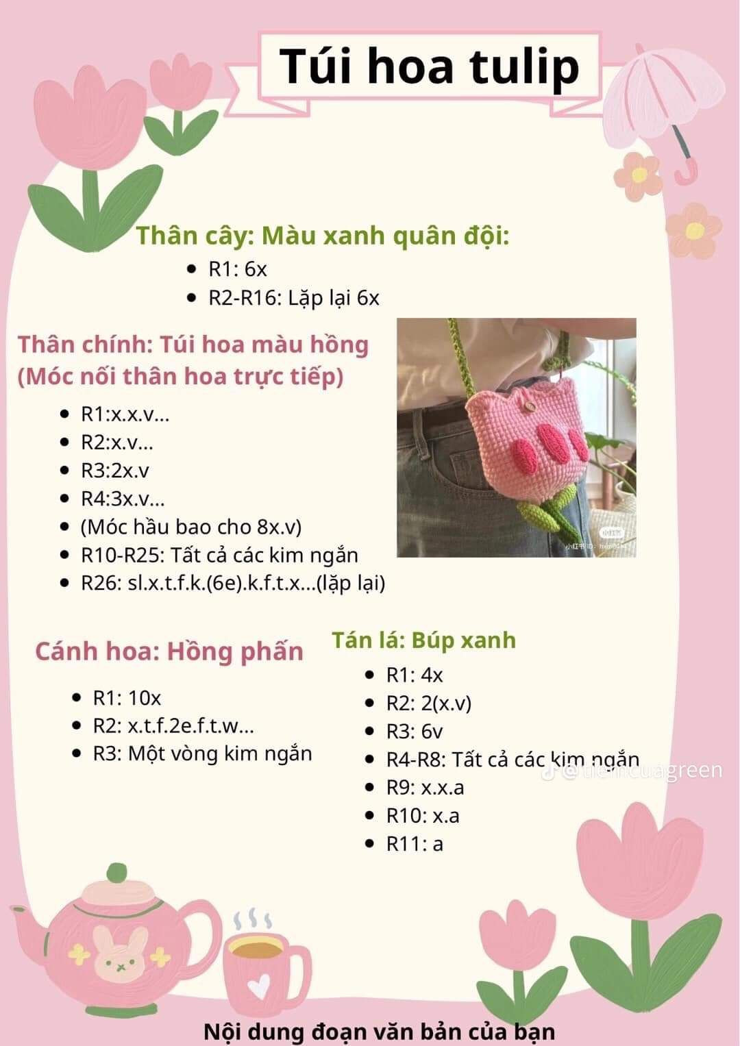 Tổng hợp chart móc len các mẫu túi thời trang: Túi hoa tulip, Buzz Lightyear, Mắt Léz, Tote lưới đánh cá