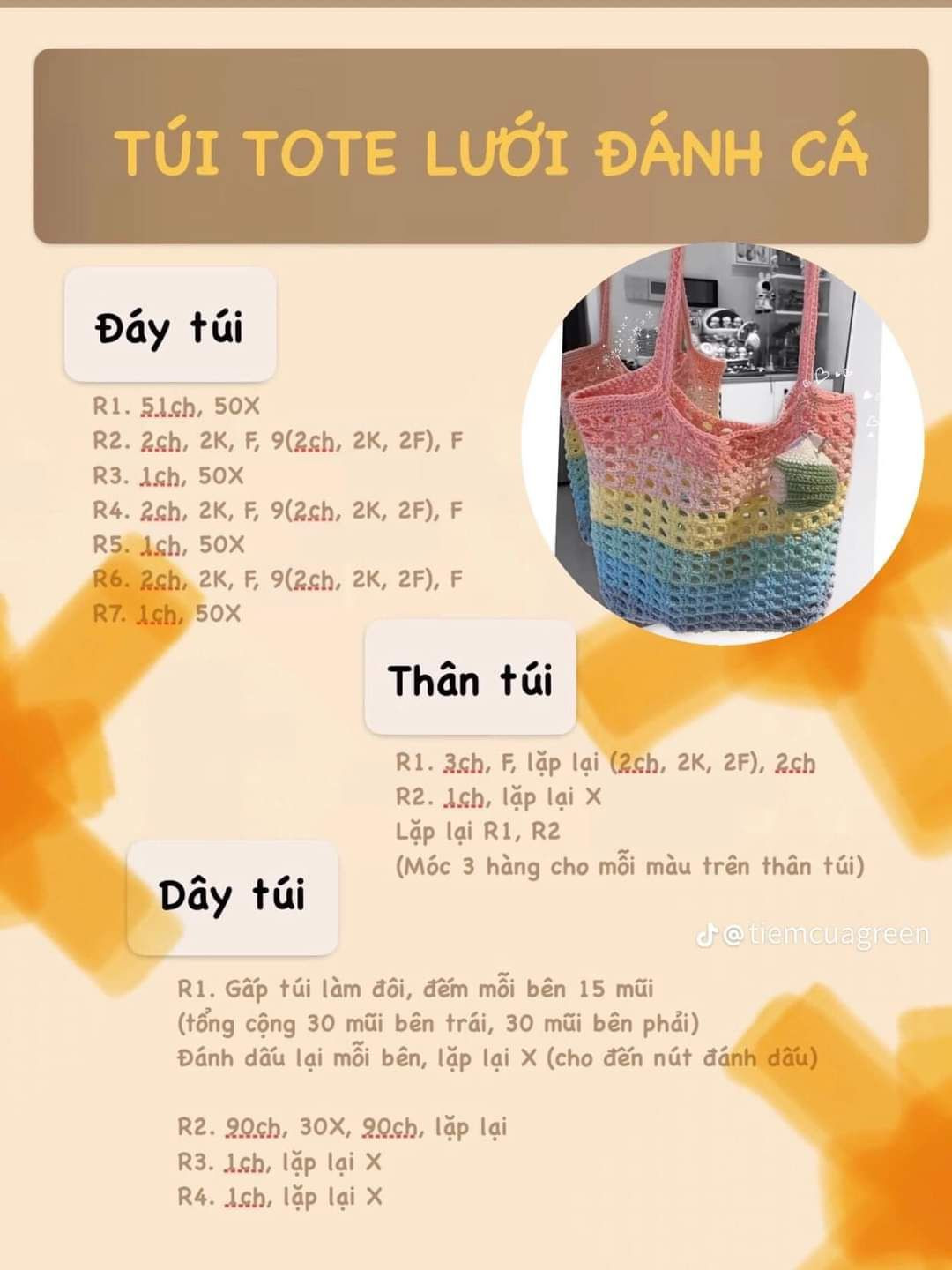 Tổng hợp chart móc len các mẫu túi thời trang: Túi hoa tulip, Buzz Lightyear, Mắt Léz, Tote lưới đánh cá
