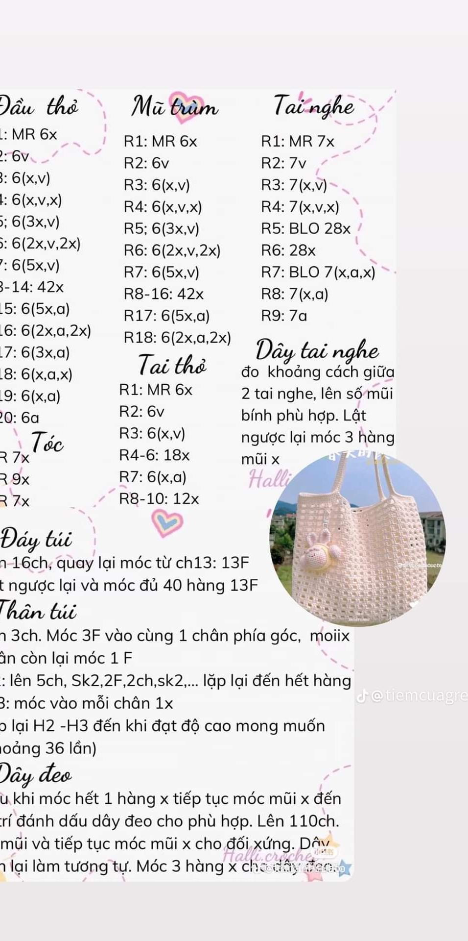 Tổng hợp chart móc len các mẫu túi thời trang: Túi hoa tulip, Buzz Lightyear, Mắt Léz, Tote lưới đánh cá