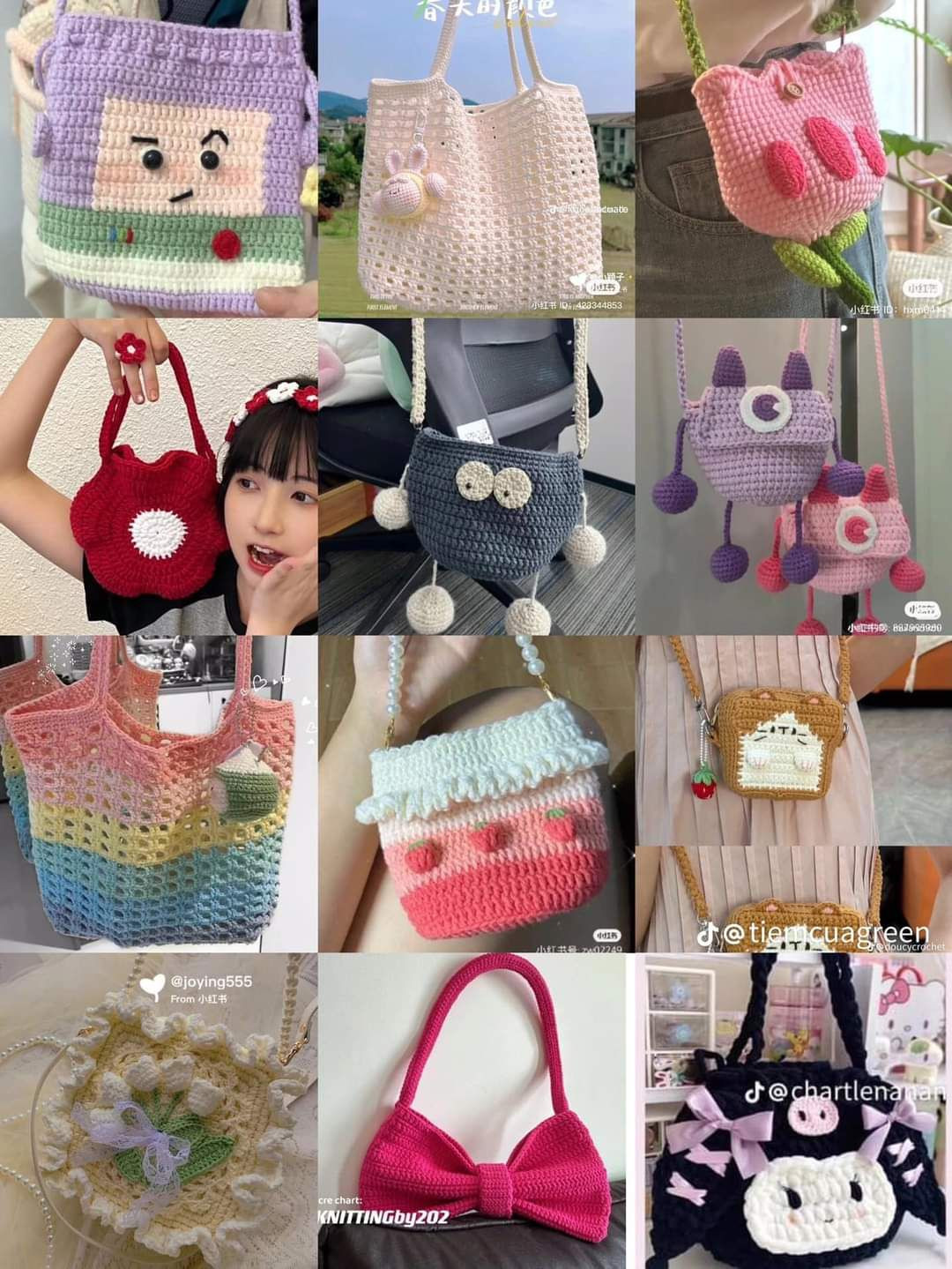 Tổng hợp chart móc len các mẫu túi thời trang: Túi hoa tulip, Buzz Lightyear, Mắt Léz, Tote lưới đánh cá