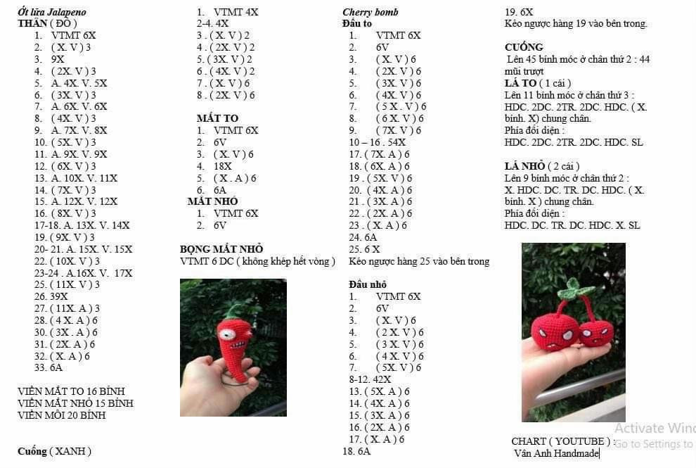 Tổng hợp chart móc len các nhân vật Plants vs Zombies: Jalapeno, Cherry Bomb, Bumeran, Dưa Hấu, Nấm Diệt Vong, Umbrellaleaf và chậu hoa