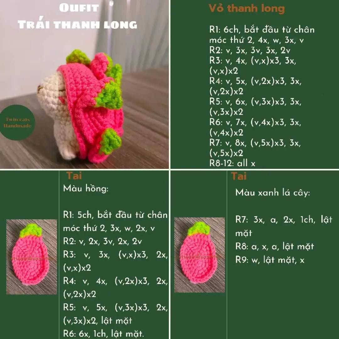 Tổng hợp chart móc len Capybara dễ thương: OUTFIT TRÁI THANH LONG, mũ Spiderman và các mẫu khác