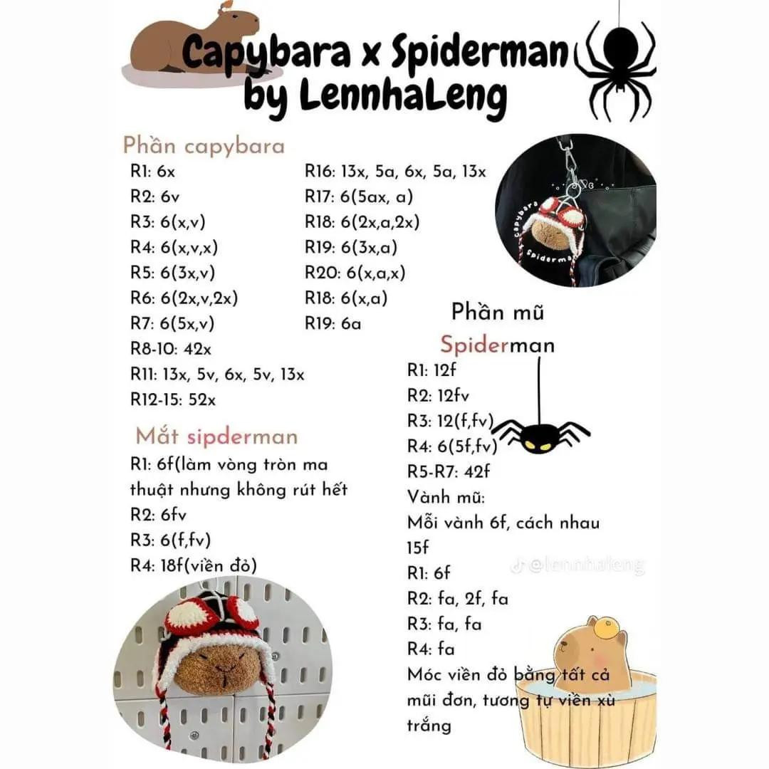 Tổng hợp chart móc len Capybara dễ thương: OUTFIT TRÁI THANH LONG, mũ Spiderman và các mẫu khác
