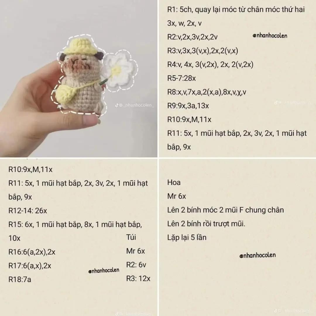 Tổng hợp chart móc len Capybara dễ thương: OUTFIT TRÁI THANH LONG, mũ Spiderman và các mẫu khác