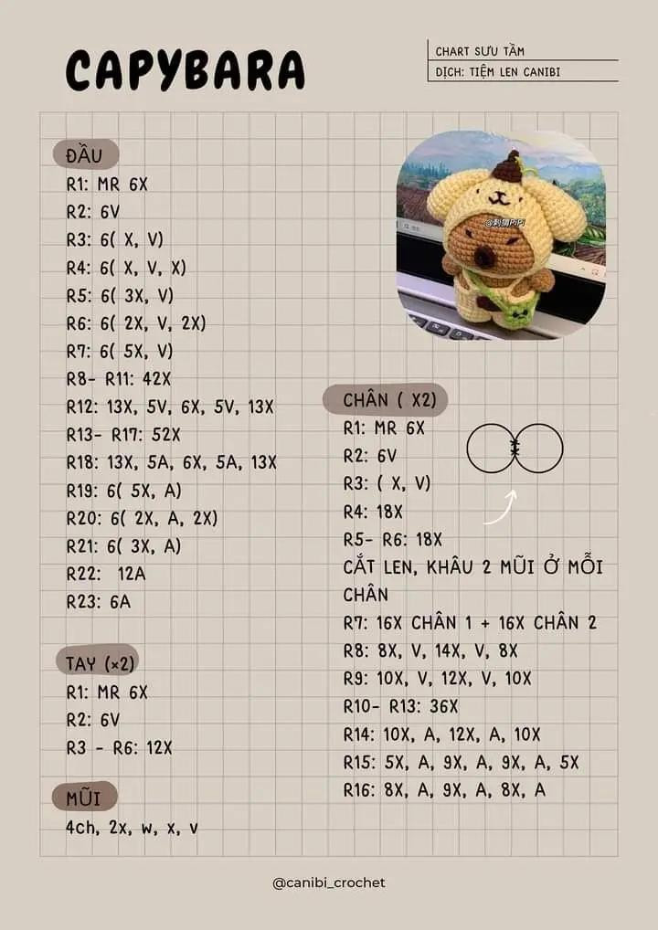 Tổng hợp chart móc len Capybara dễ thương: OUTFIT TRÁI THANH LONG, mũ Spiderman và các mẫu khác