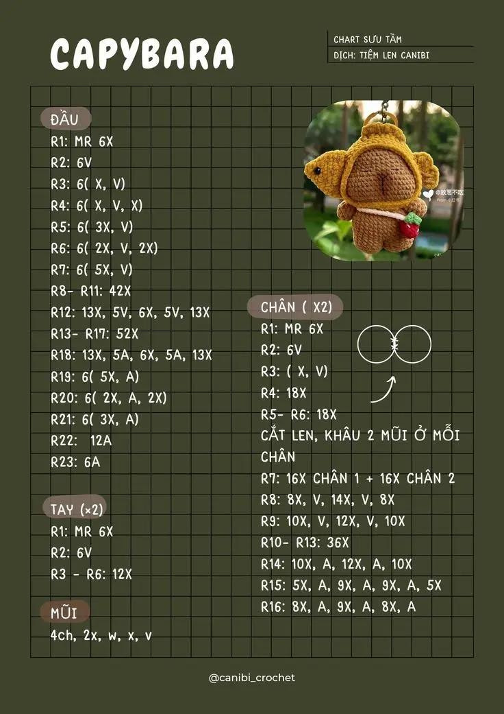 Tổng hợp chart móc len Capybara dễ thương: OUTFIT TRÁI THANH LONG, mũ Spiderman và các mẫu khác