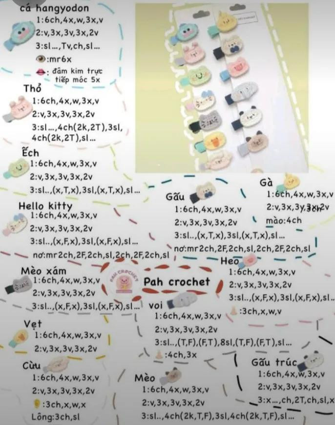Tổng hợp chart móc len cây kem mini và kẹp tóc hình thú dễ thương