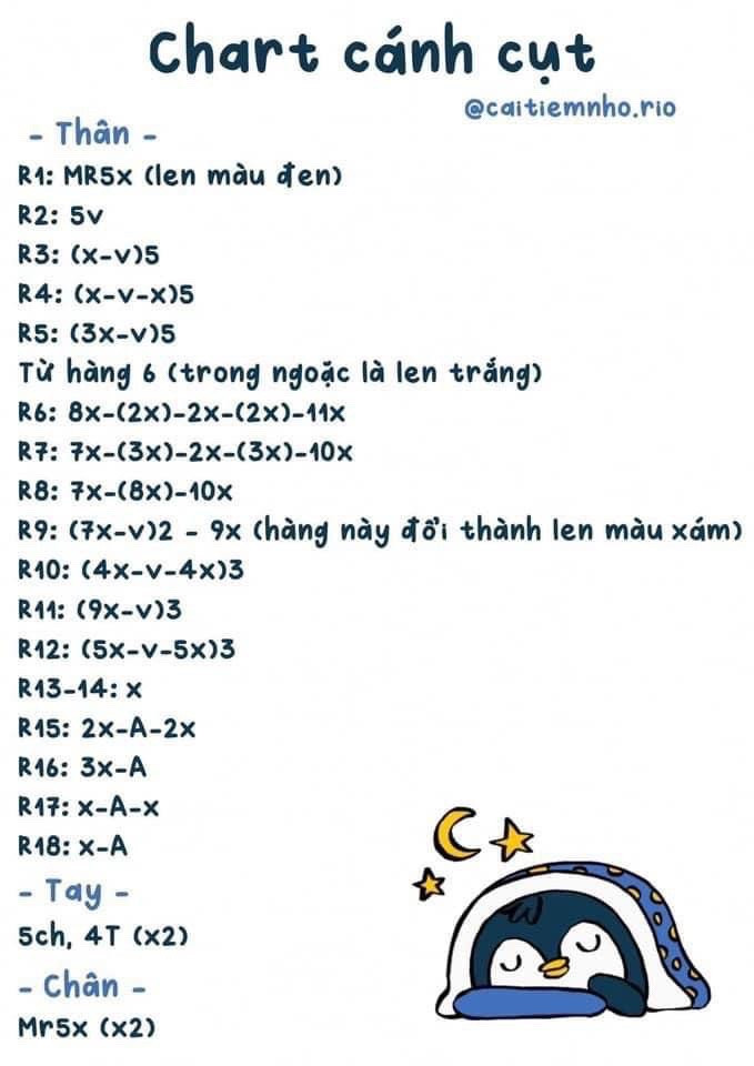 Tổng hợp chart móc len chim cánh cụt dễ thương: Mẫu cơ bản, đội mũ ếch và mũ hươu
