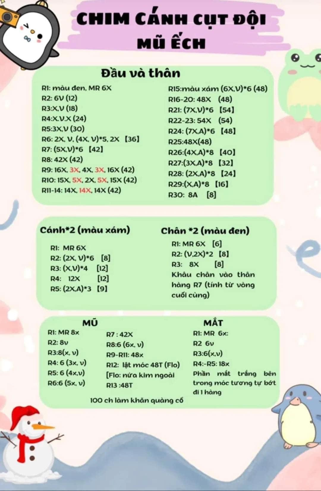 Tổng hợp chart móc len chim cánh cụt dễ thương: Mẫu cơ bản, đội mũ ếch và mũ hươu