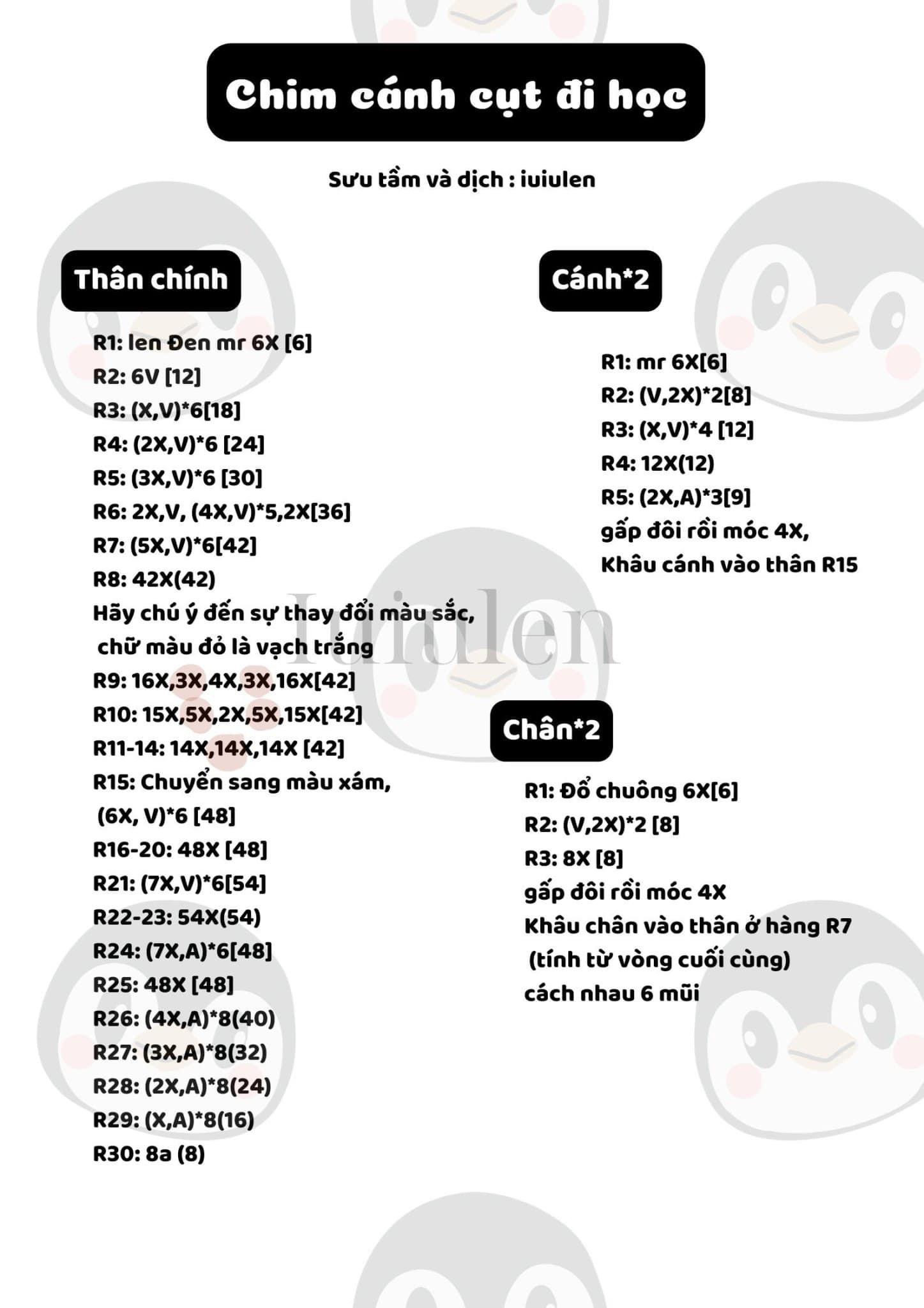 Tổng hợp chart móc len chim cánh cụt dễ thương: Mẫu cơ bản, đội mũ ếch và mũ hươu