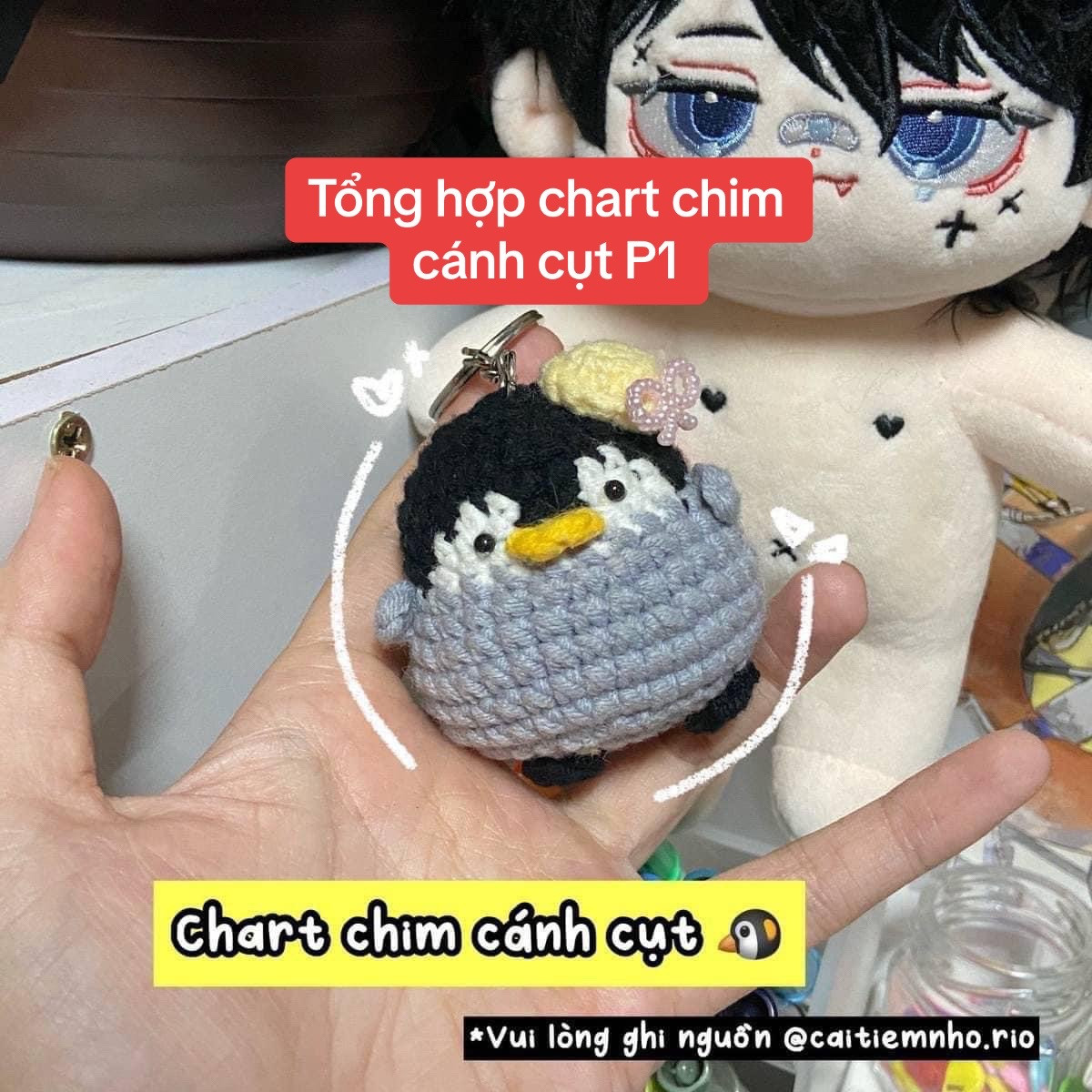 Tổng hợp chart móc len chim cánh cụt dễ thương: Mẫu cơ bản, đội mũ ếch và mũ hươu