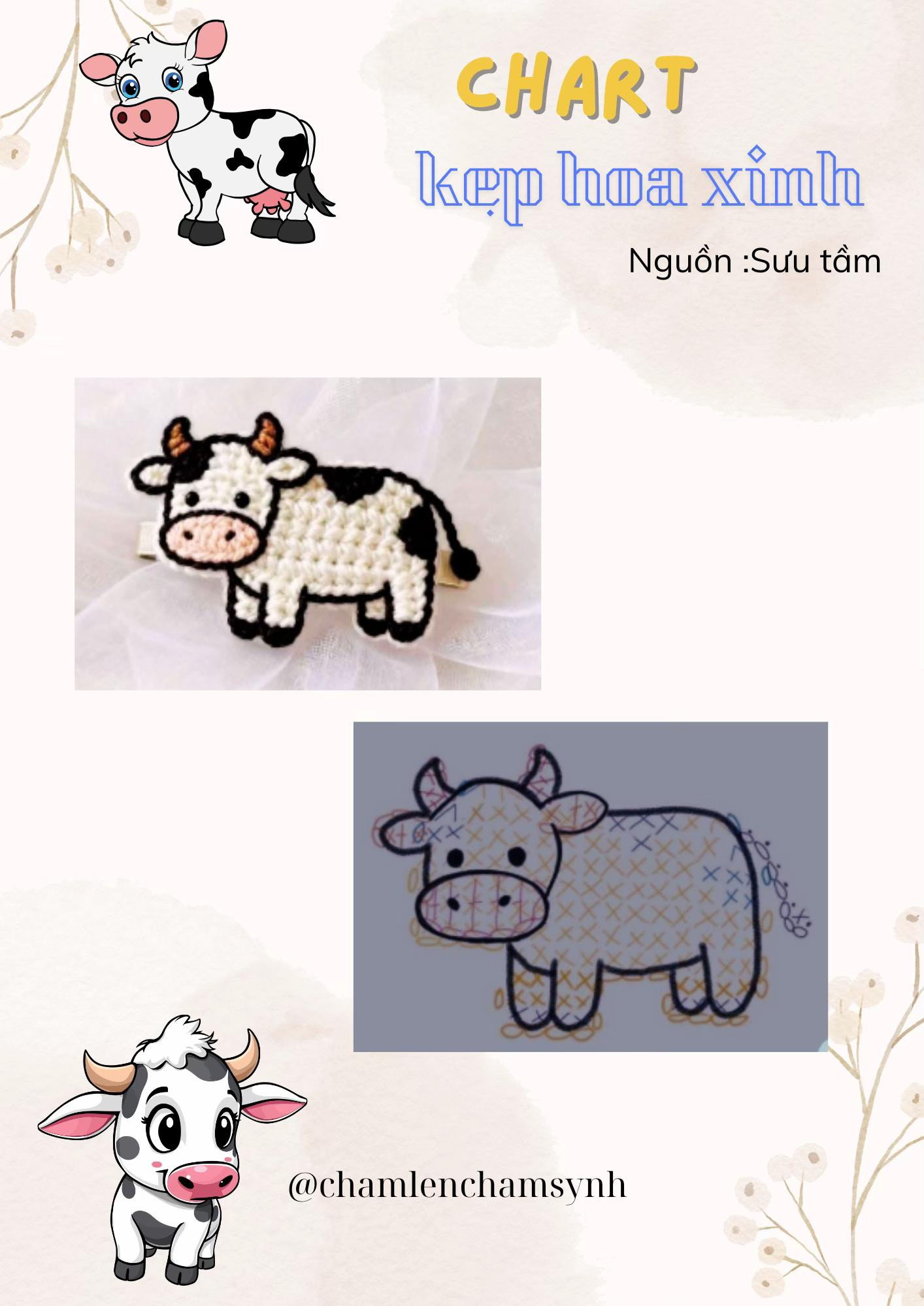 Tổng hợp chart móc len: Củ cải trắng, Chibi bọ và kẹp hoa hình con bò