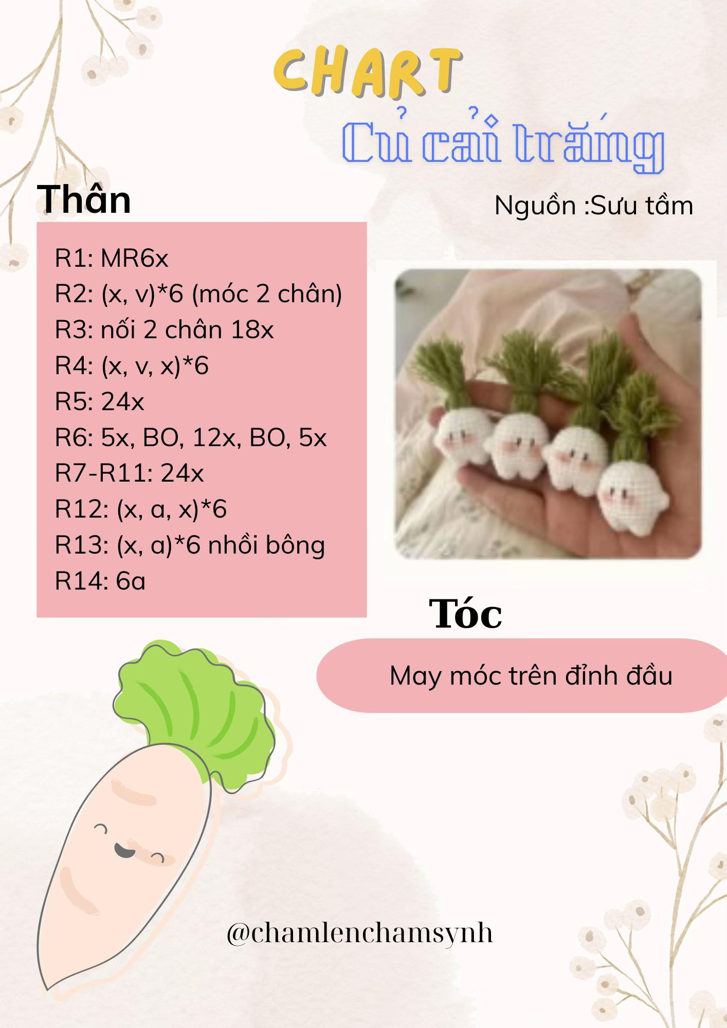 Tổng hợp chart móc len: Củ cải trắng, Chibi bọ và kẹp hoa hình con bò