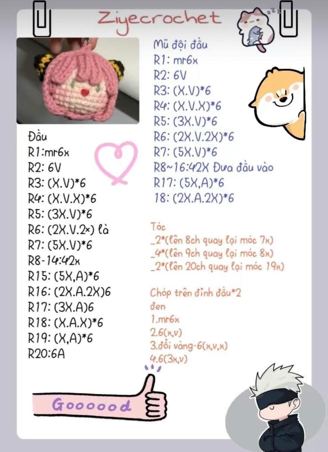 Tổng hợp chart móc len đầu búp bê và mũ đội đầu dễ thương