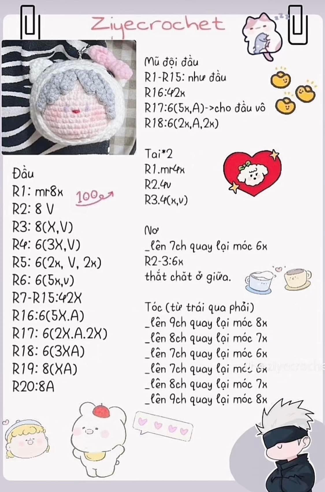 Tổng hợp chart móc len đầu búp bê và mũ đội đầu dễ thương