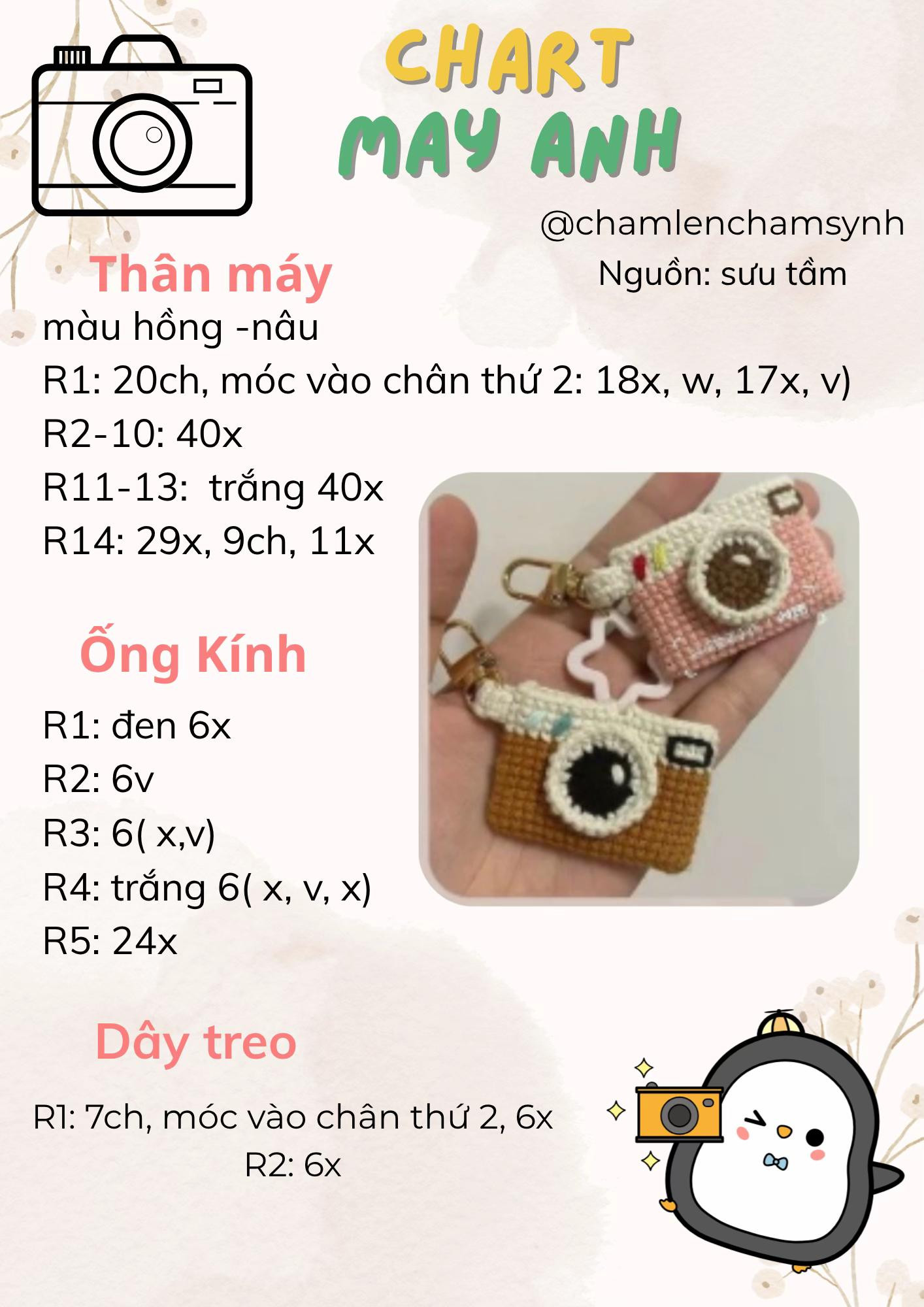 Tổng hợp chart móc len dễ: Bánh quy, Nấm lùn, Máy ảnh và Gấu trúc