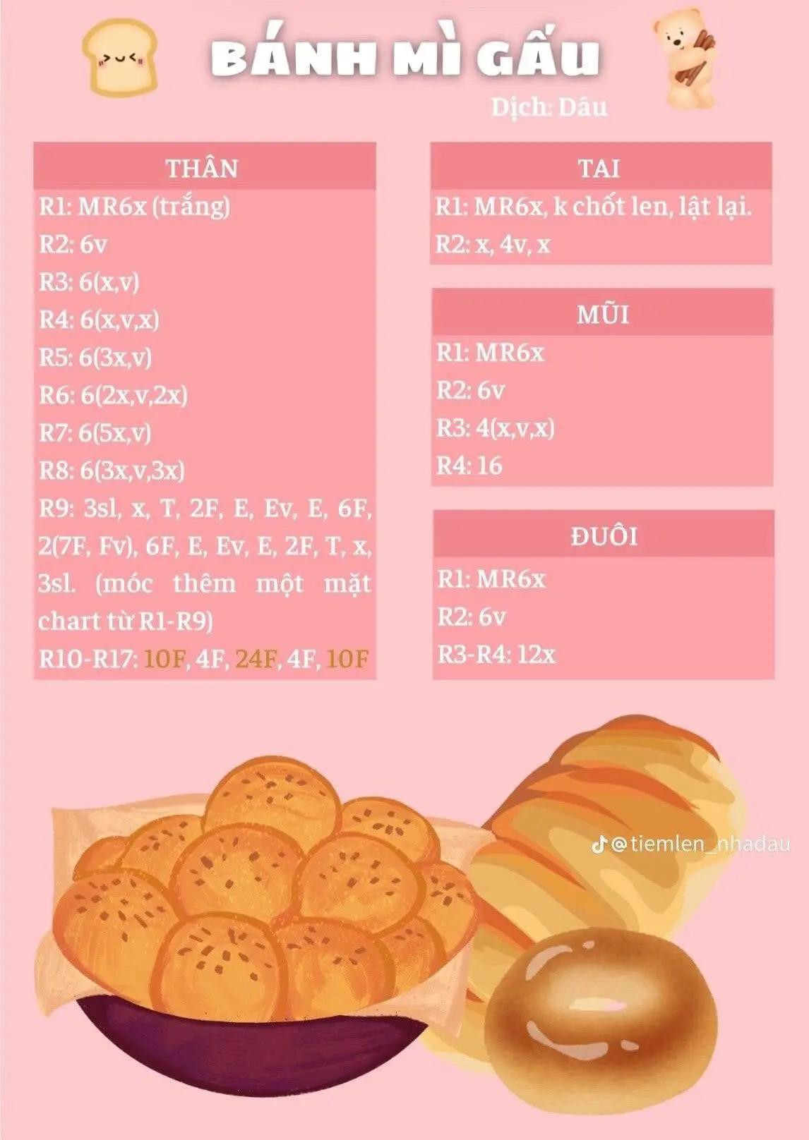 Tổng hợp chart móc len dễ thương: Bánh mì gấu, Thỏ tai dài và các mẫu amigurumi khác