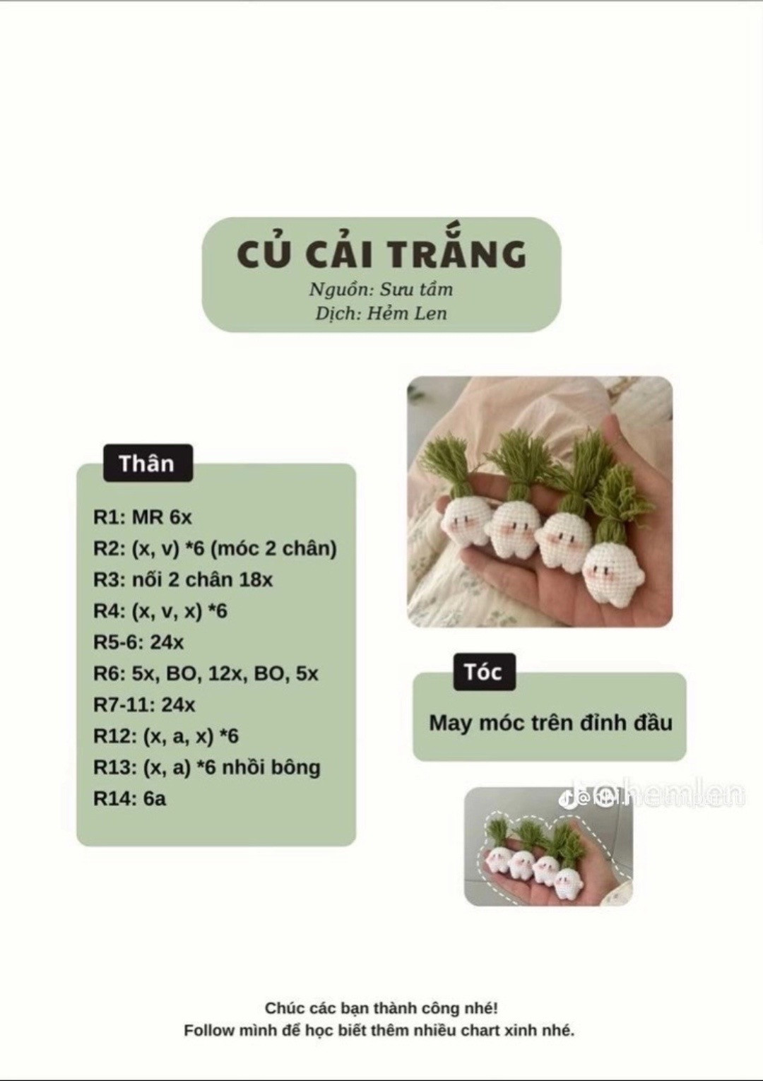 Tổng hợp chart móc len dễ thương: Cá mini, Củ cải trắng, Vịt, Cỏ 4 lá và Dâu tây