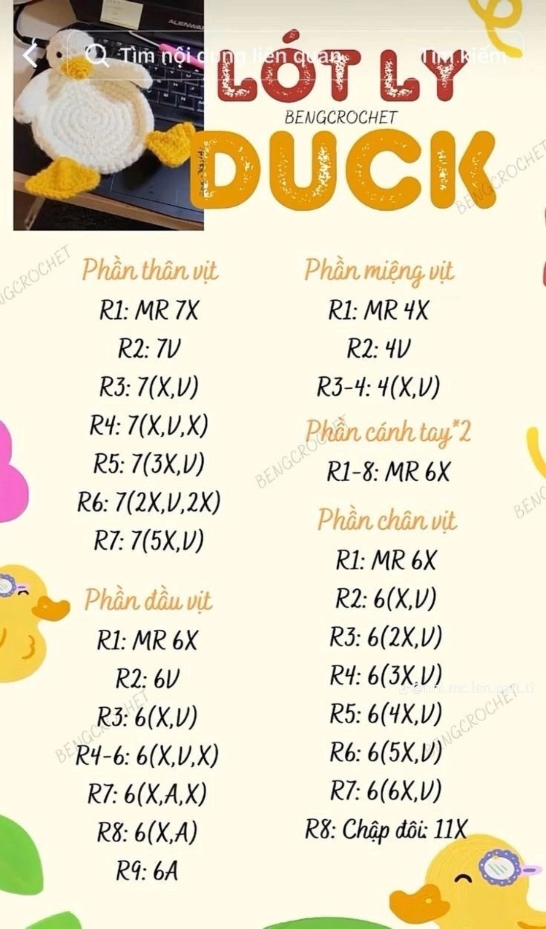 Tổng hợp chart móc len dễ thương: Cá mini, Củ cải trắng, Vịt, Cỏ 4 lá và Dâu tây