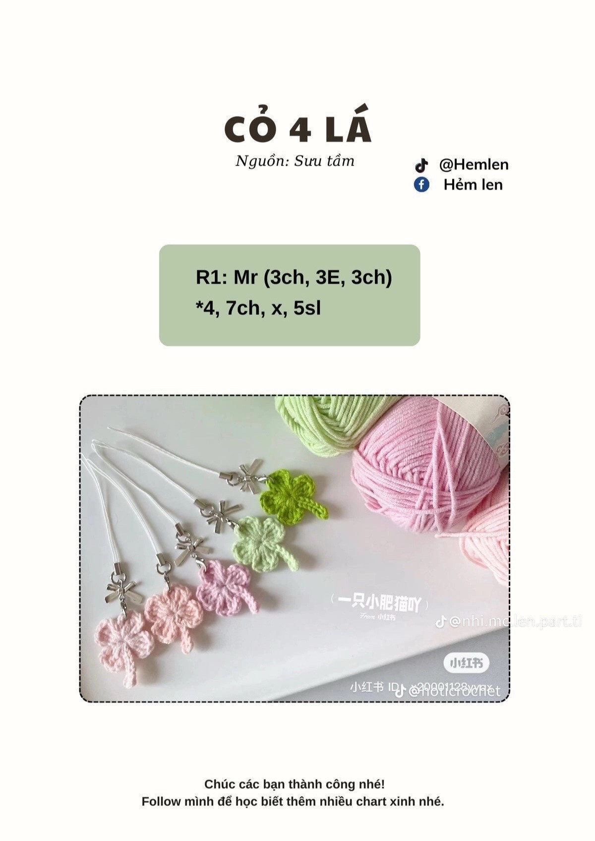 Tổng hợp chart móc len dễ thương: Cá mini, Củ cải trắng, Vịt, Cỏ 4 lá và Dâu tây