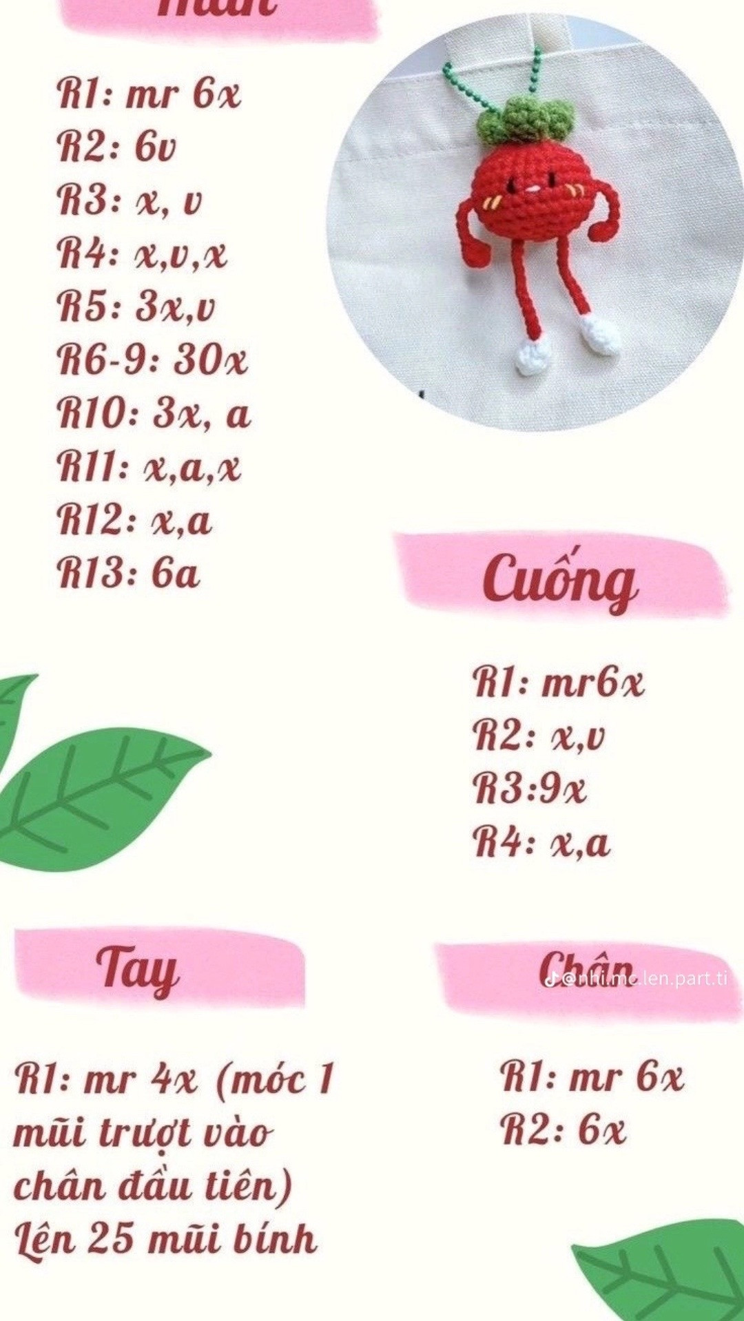 Tổng hợp chart móc len dễ thương: Cá mini, Củ cải trắng, Vịt, Cỏ 4 lá và Dâu tây