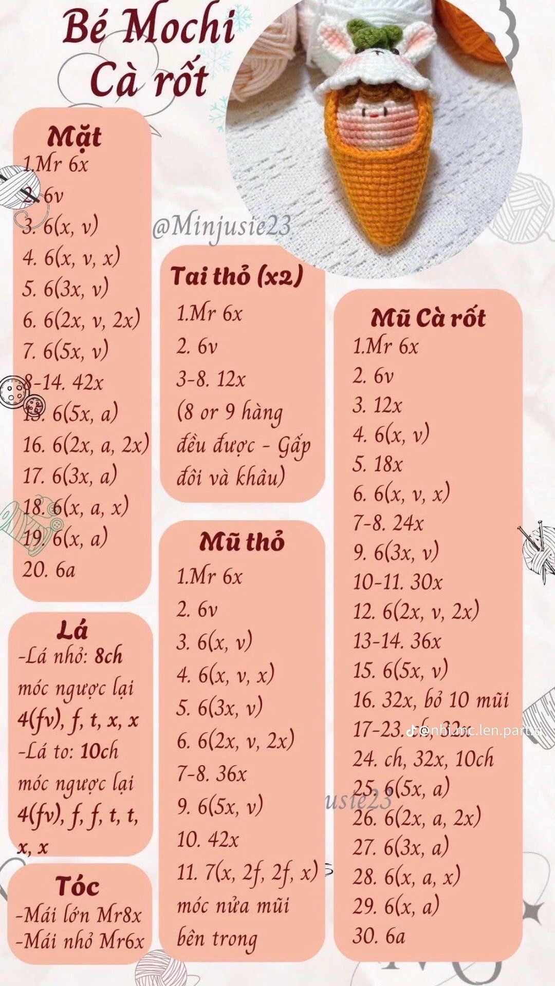 Tổng hợp chart móc len dễ thương: Cá mini, Củ cải trắng, Vịt, Cỏ 4 lá và Dâu tây