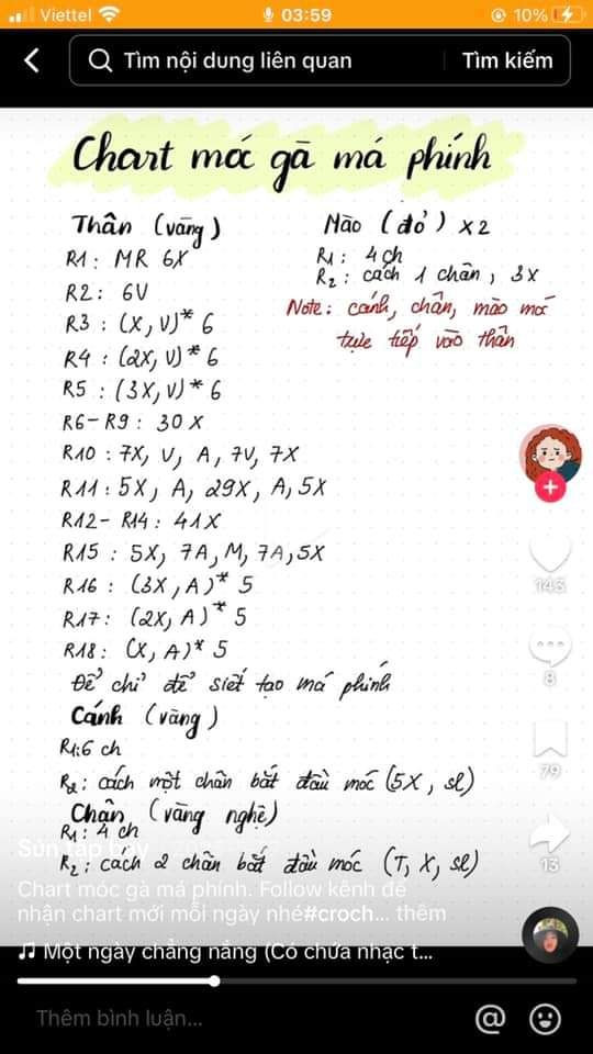 Tổng hợp chart móc len dễ thương: Râu, Gà Má Phính, Hổ, Thỏ và Heo