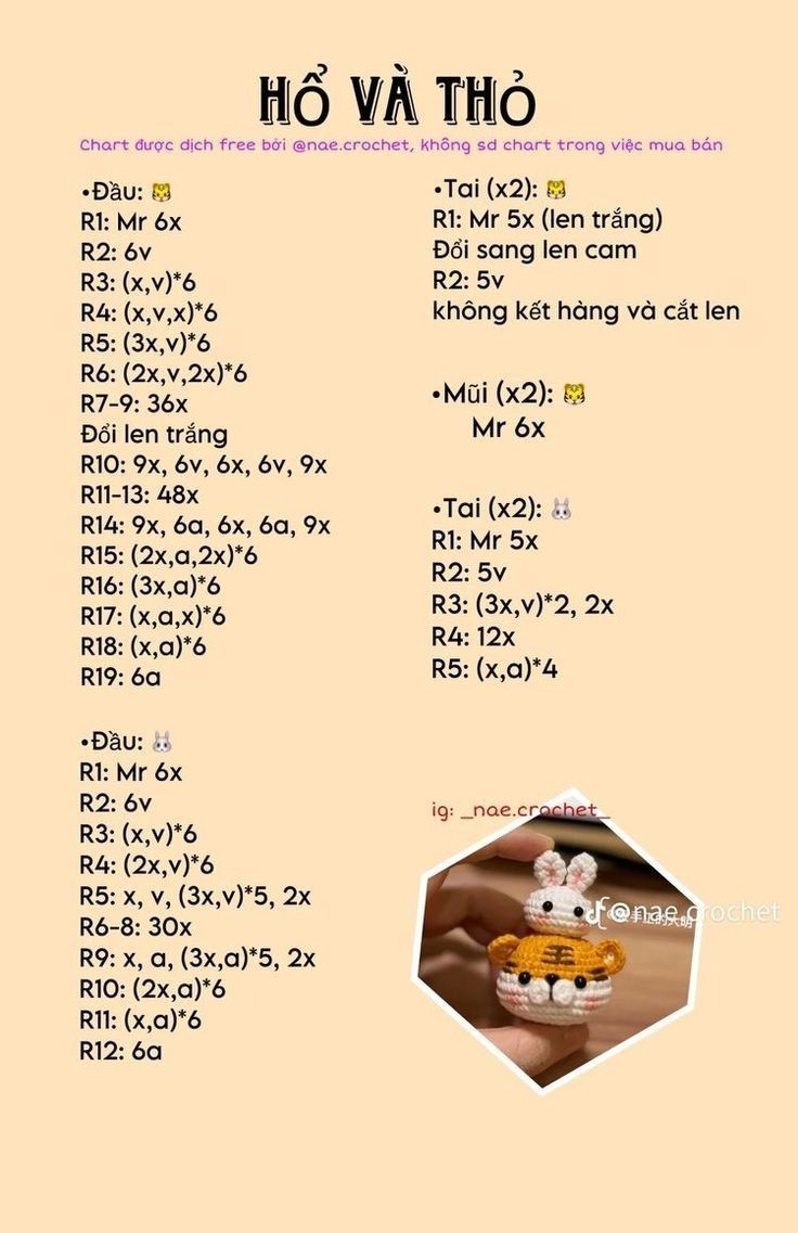Tổng hợp chart móc len dễ thương: Râu, Gà Má Phính, Hổ, Thỏ và Heo
