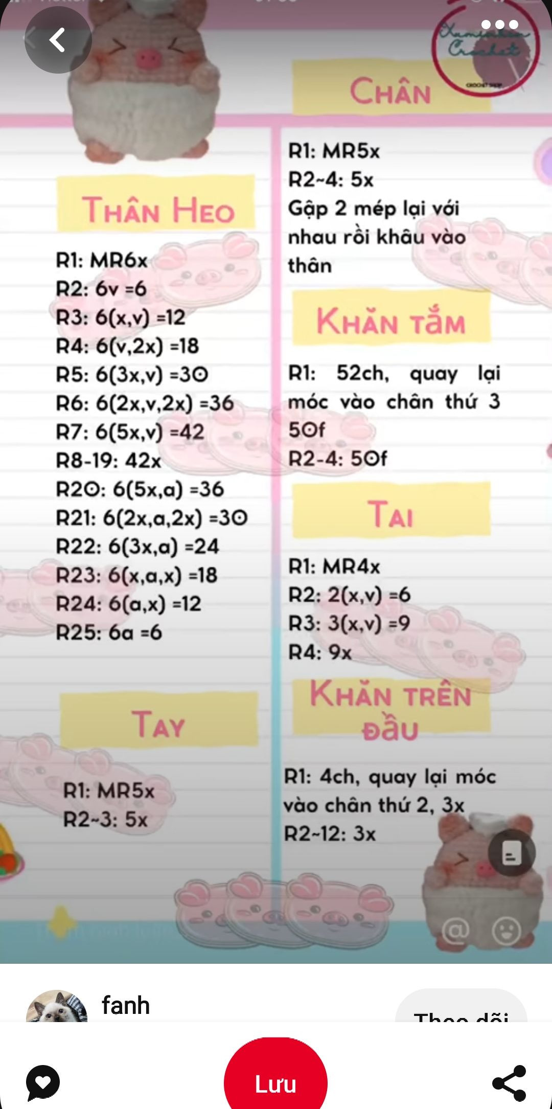 Tổng hợp chart móc len dễ thương: Râu, Gà Má Phính, Hổ, Thỏ và Heo