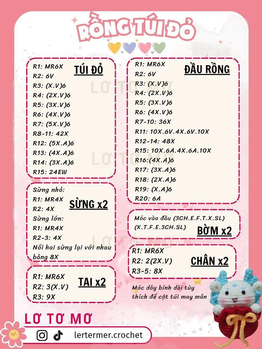 Tổng hợp chart móc len dễ thương: Rồng túi đỏ, Gấu teddy, Gà rán & Tôm chiên xù