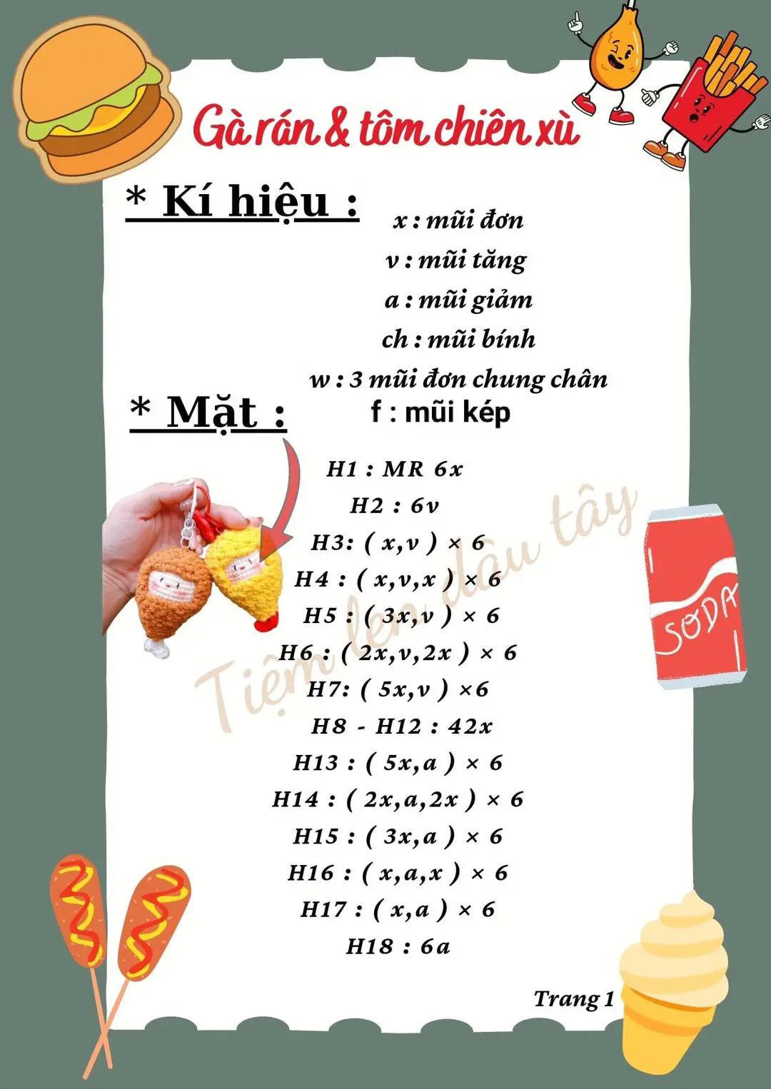 Tổng hợp chart móc len dễ thương: Rồng túi đỏ, Gấu teddy, Gà rán & Tôm chiên xù