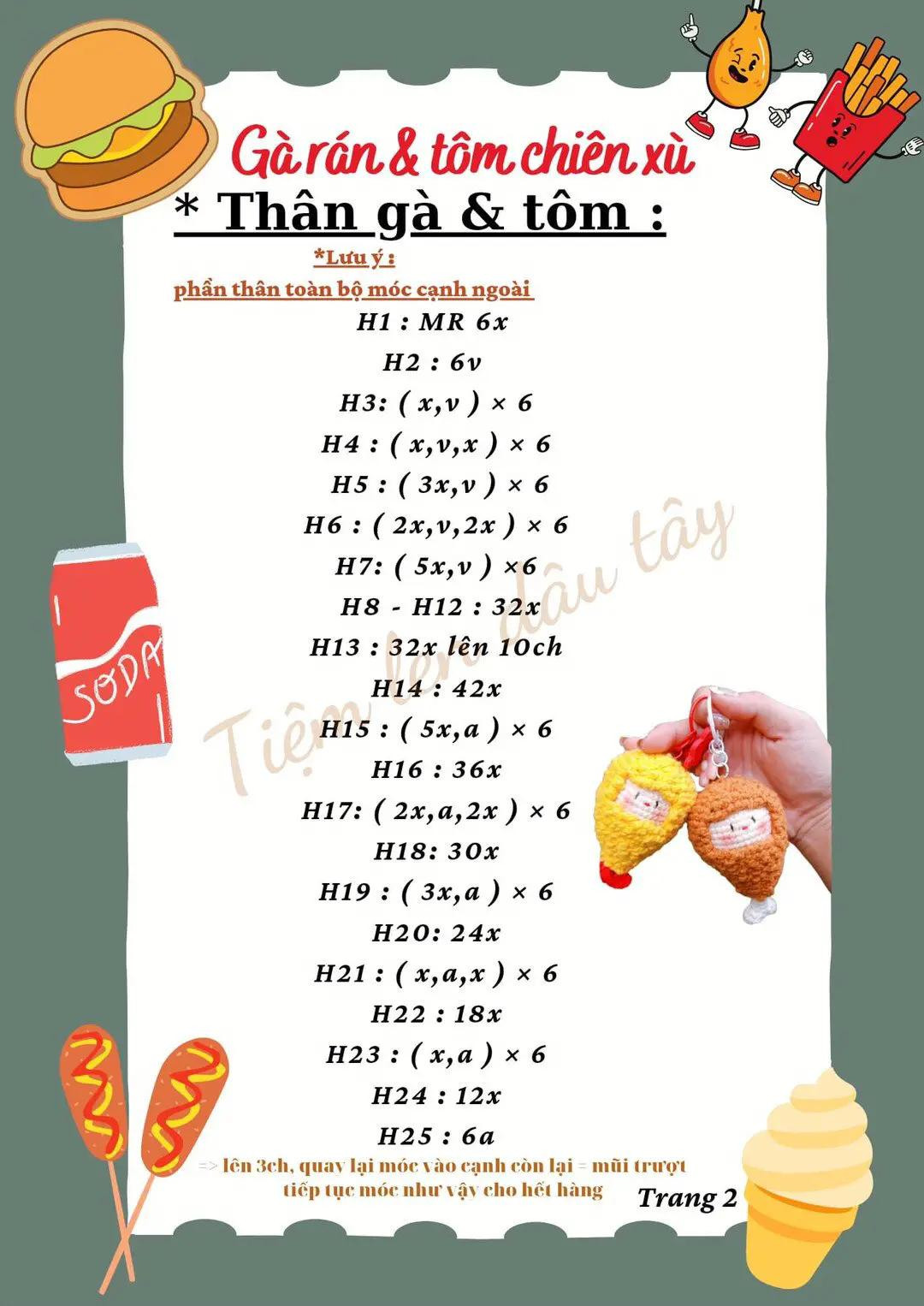 Tổng hợp chart móc len dễ thương: Rồng túi đỏ, Gấu teddy, Gà rán & Tôm chiên xù