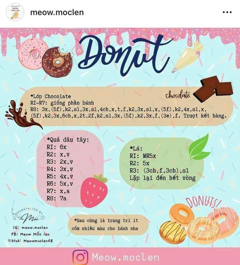 Tổng hợp chart móc len đồ ăn dễ thương: Bánh dâu tây, Bánh cá và Tart táo