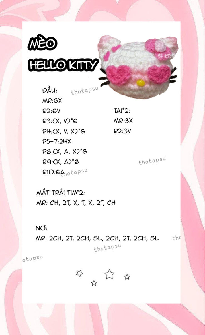 Tổng hợp chart móc len Hello Kitty dễ thương: Mèo, Bánh Kếp và Kem