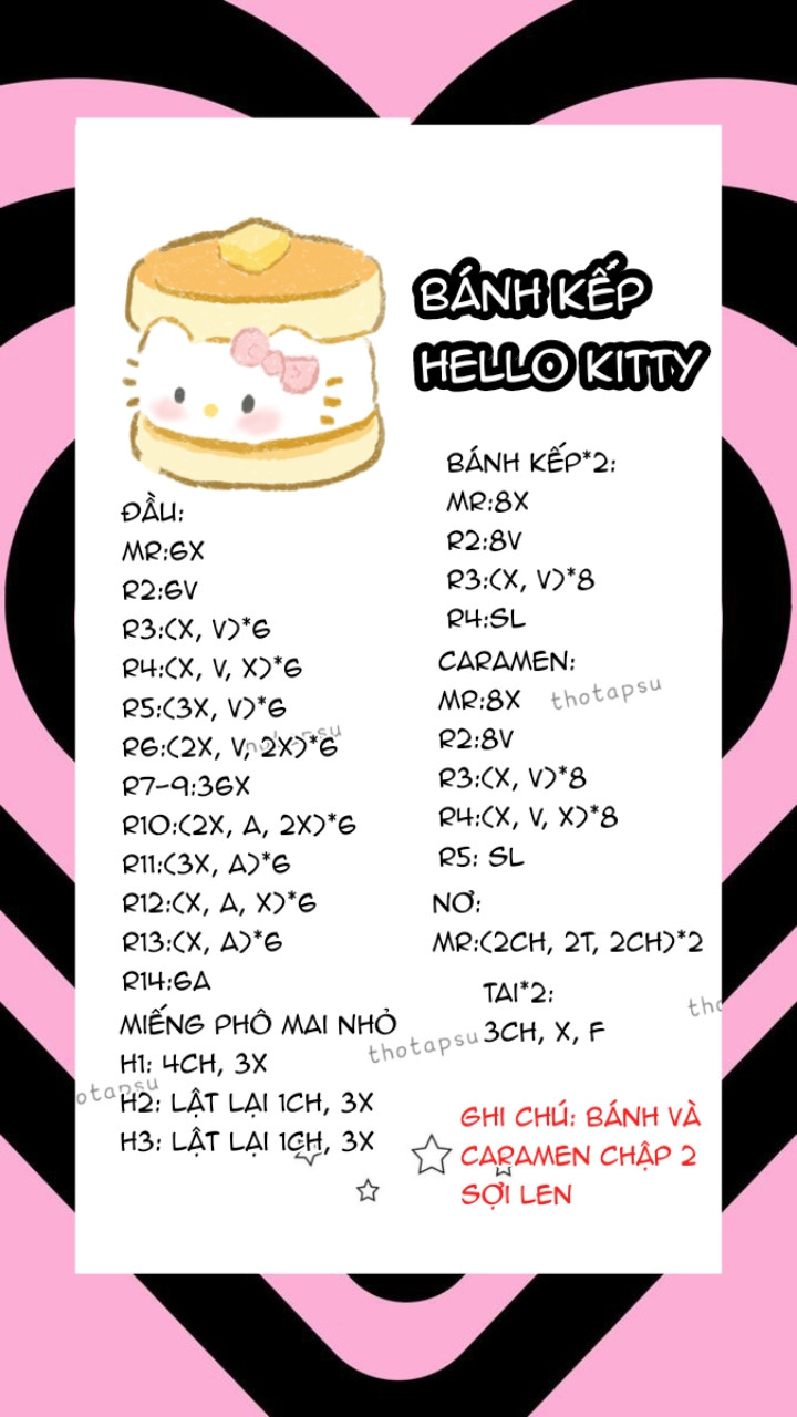 Tổng hợp chart móc len Hello Kitty dễ thương: Mèo, Bánh Kếp và Kem