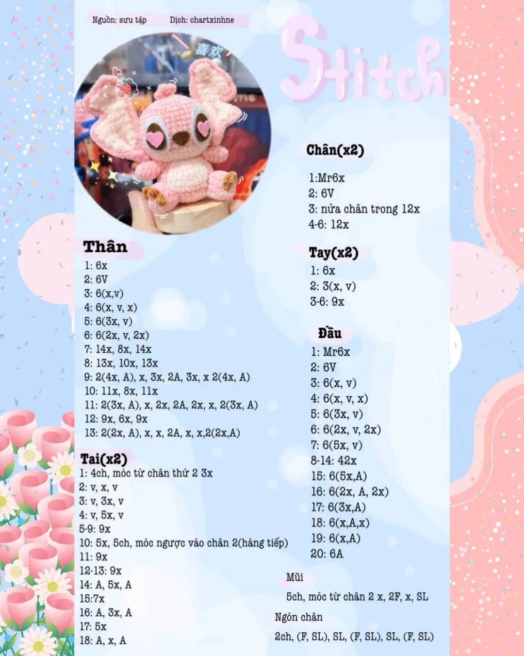 Tổng hợp Chart Móc Len: Heo Thám Tử, Chó Con Pink, Stitch