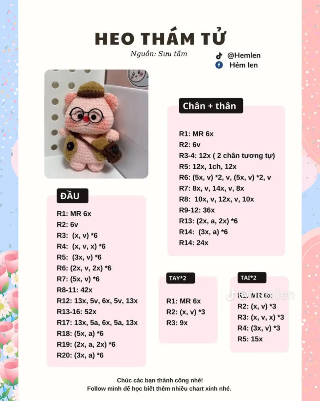 Tổng hợp Chart Móc Len: Heo Thám Tử, Chó Con Pink, Stitch