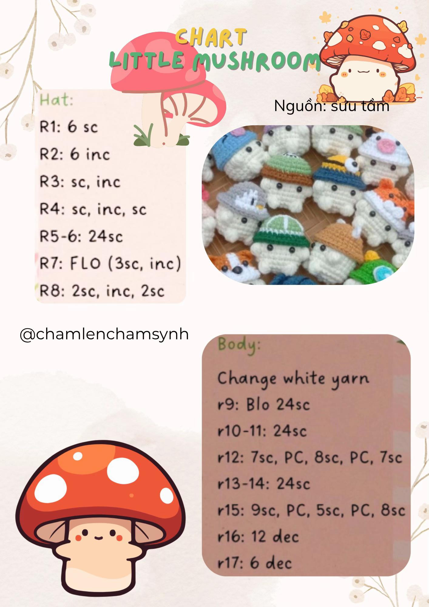 Tổng hợp chart móc len hoa cẩm chướng, nấm và gấu trúc dễ thương