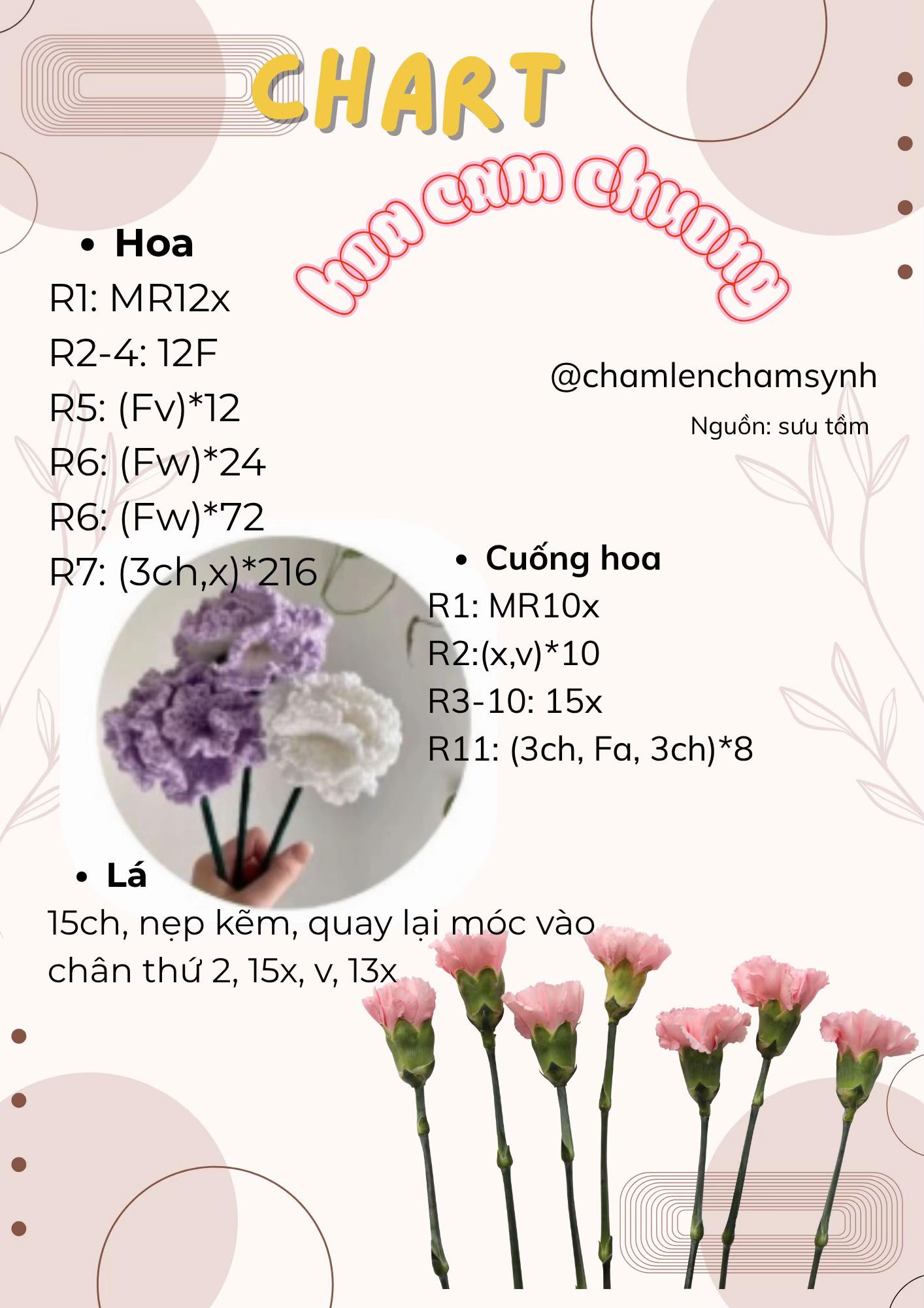 Tổng hợp chart móc len hoa cẩm chướng, nấm và gấu trúc dễ thương