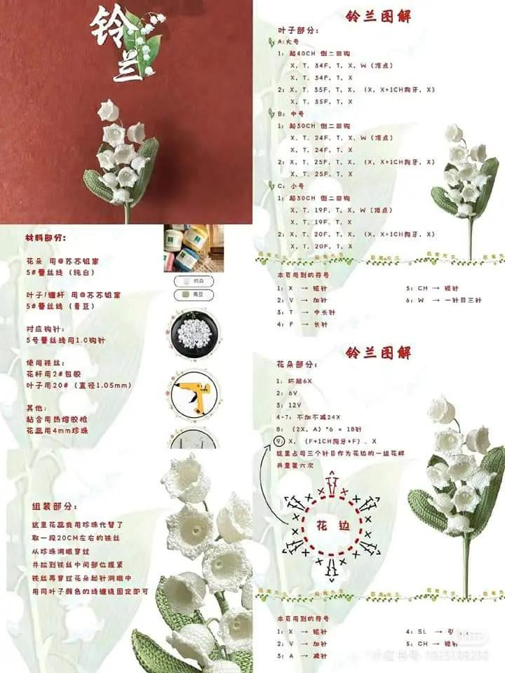 Tổng hợp chart móc len hoa: Hoa chuông, Hoa hồng trắng và Hoa Oải hương