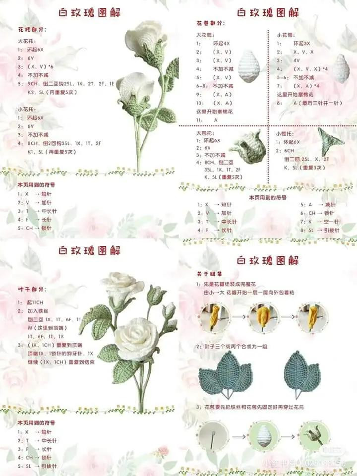 Tổng hợp chart móc len hoa: Hoa chuông, Hoa hồng trắng và Hoa Oải hương