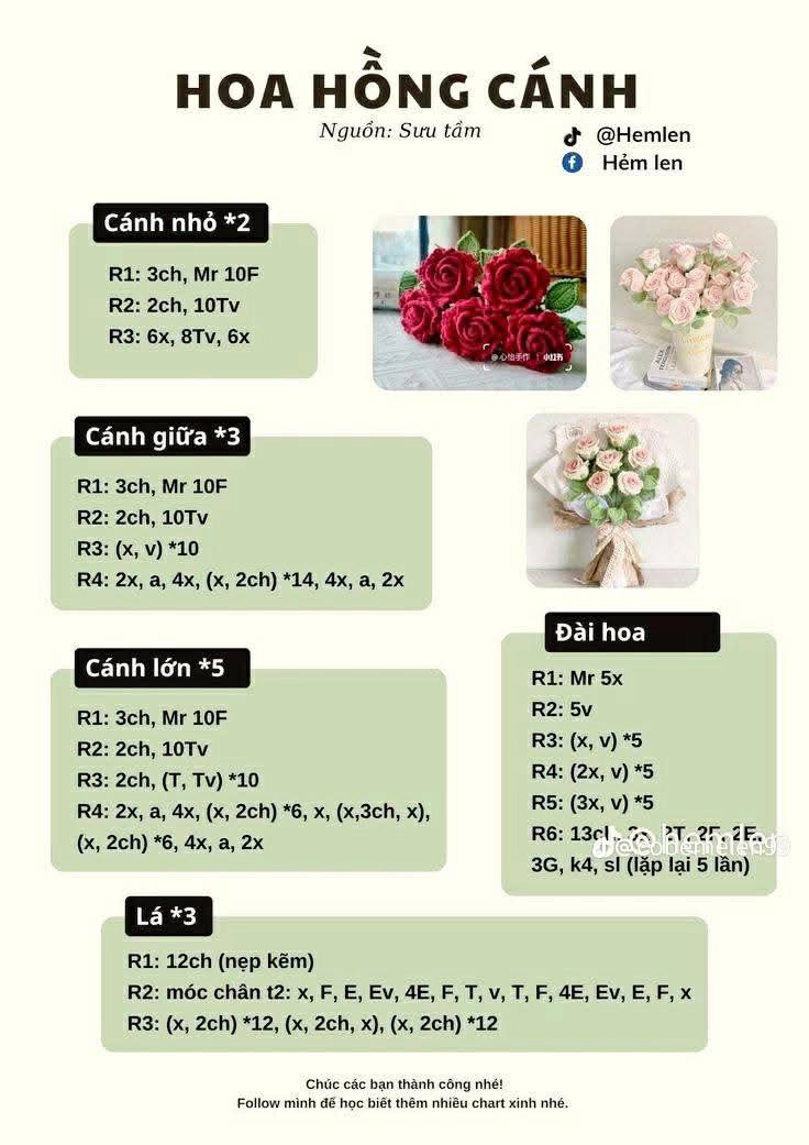 Tổng hợp chart móc len hoa: Hồng, Lan, Hướng dương